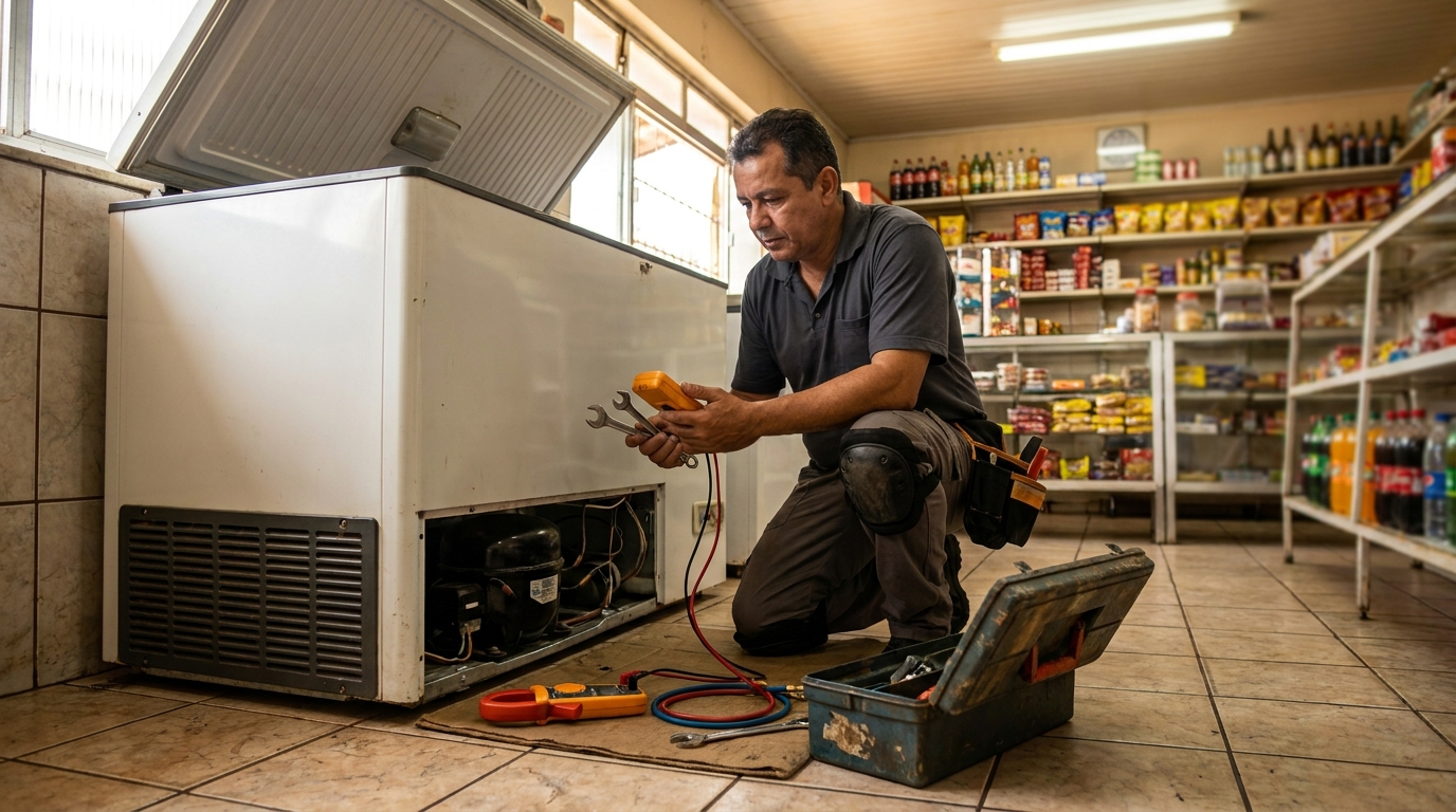 Profissional executando manutenção no motor de freezer em Viamão‑RS