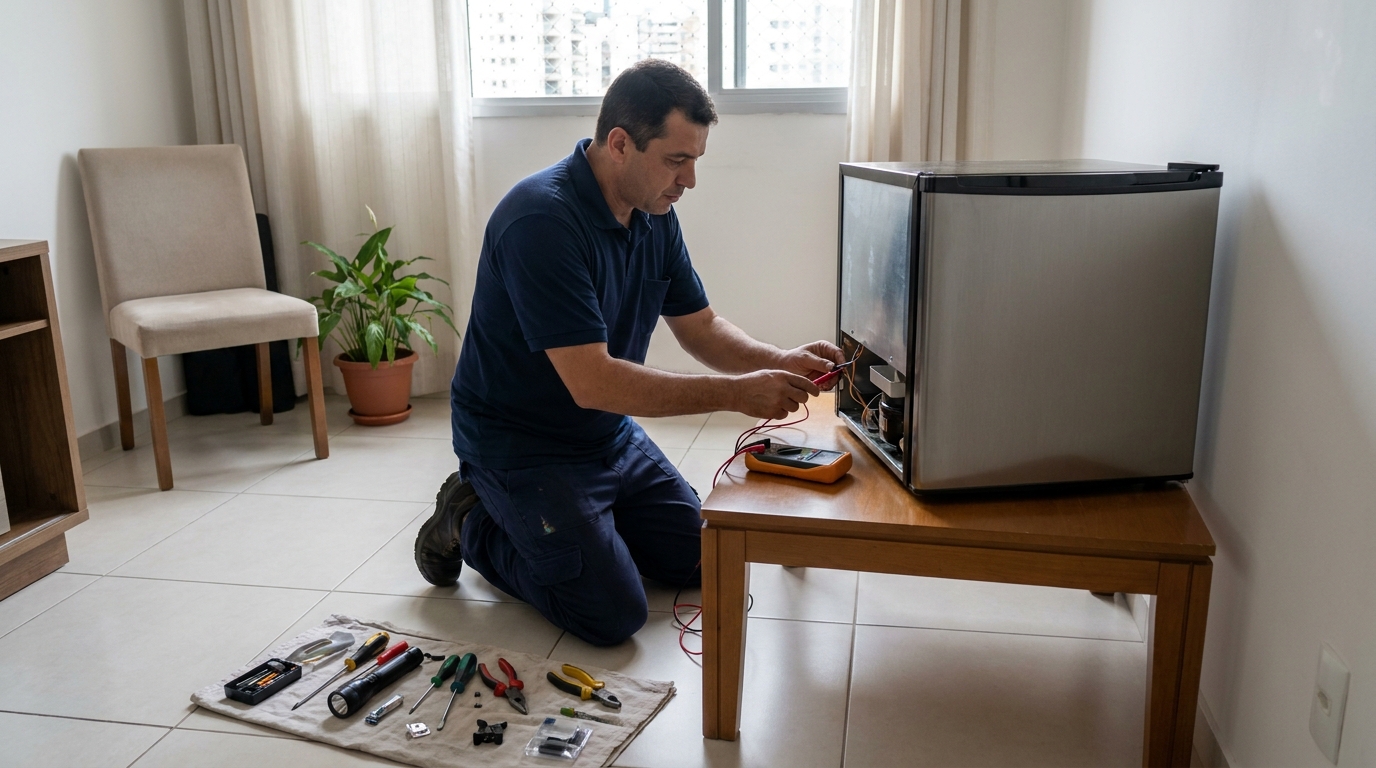 Técnico fazendo manutenção do motor de frigobar em Viamão‑RS