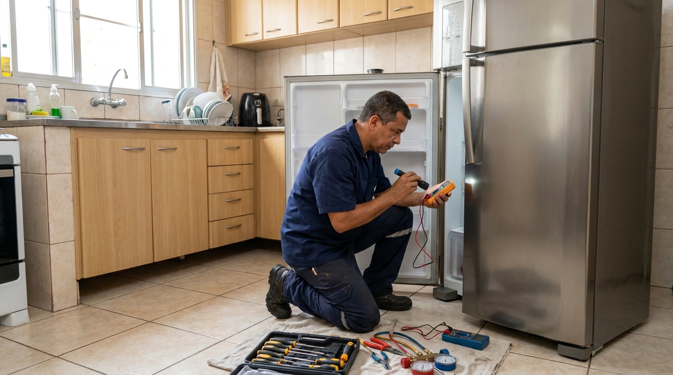 Técnico aplicando recarga de gás refrigerante em geladeira no Florescente, Viamão‑RS