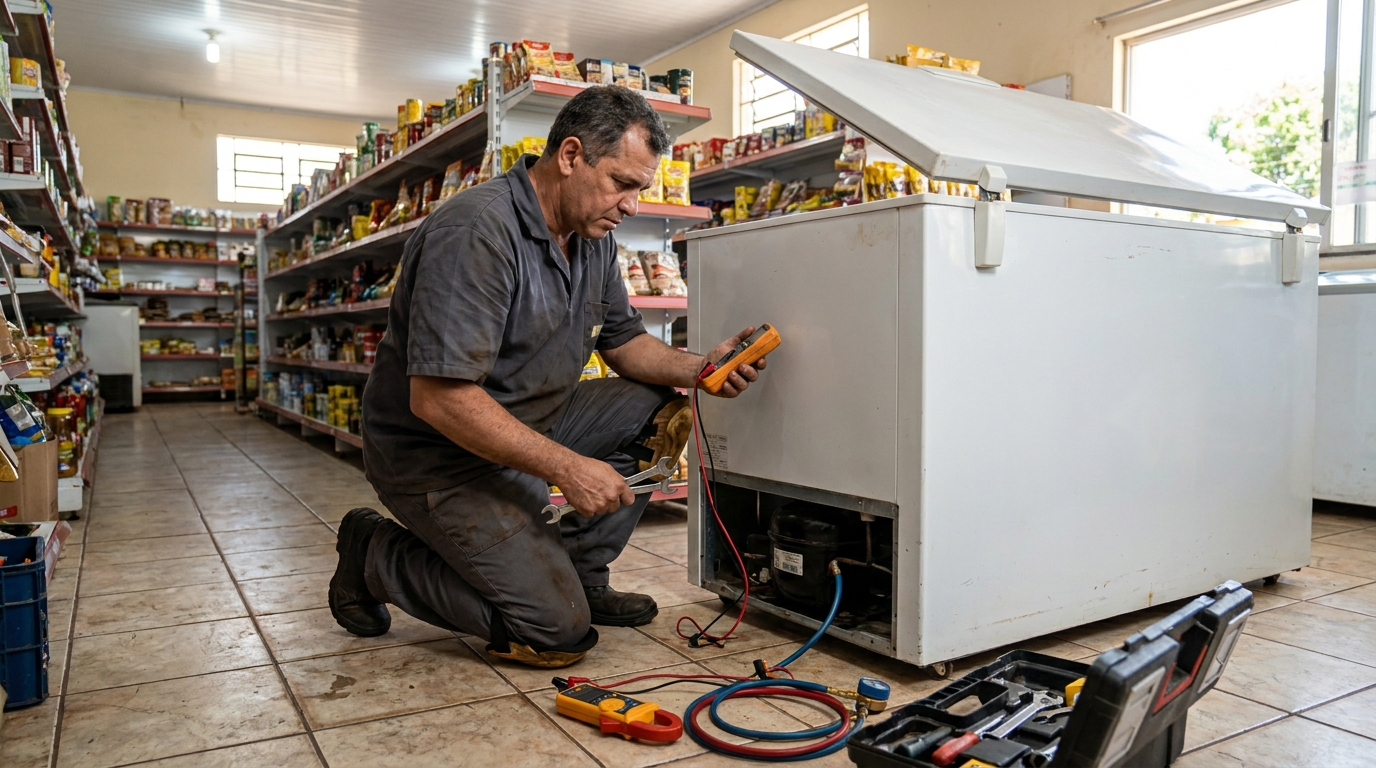 Substituição de termostato de freezer em visita técnica em Viamão‑RS